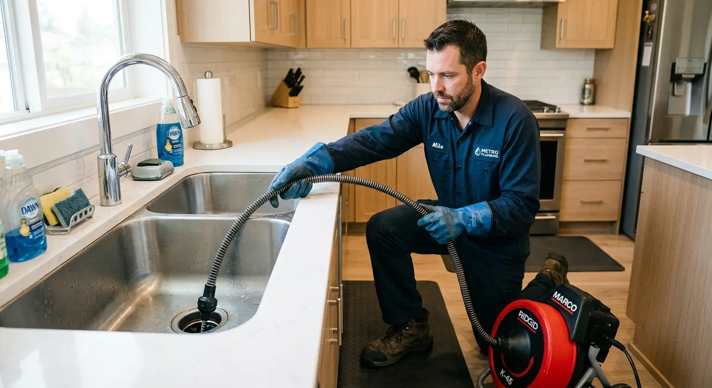 Drain cleaning technician using a motorized snake on a kitchen sink in Salida