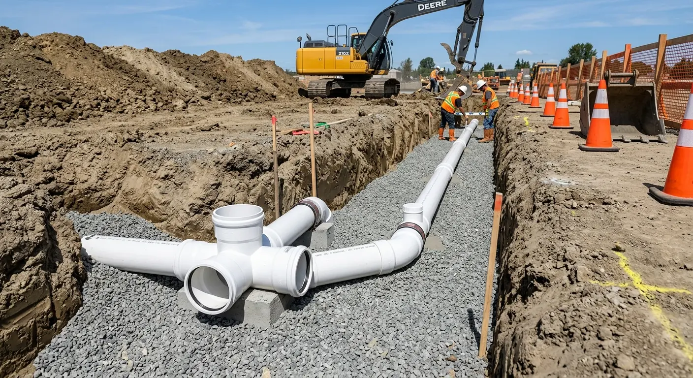 New PVC sewer pipe installation in open trench for Sewer Backup in Salida